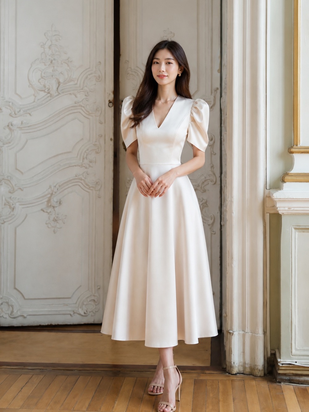 Elagia Monica Beige V-Neck Midi Dress with Puff Sleeves